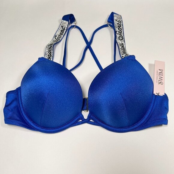 Victoria Secret 38DD Bombshell Push Up Bikini Top LOGO Shine Strap Blue - Picture 2 of 4